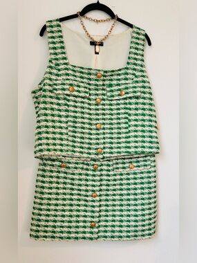 AQUA Green Tweed 2 piece suit Gold Button Preppy Sheath Size XL